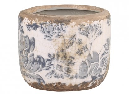 Ceramic pot cover with grey flowers - Ø 8*7cm