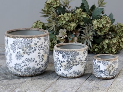 Ceramic pot cover with grey flowers - Ø 8*7cm