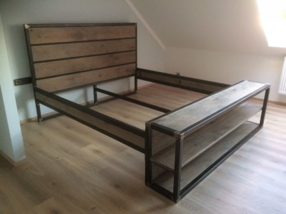 Massive industrial bed - with shelf
