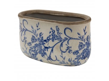 Oválný keramický obal na květináč s modrými květy - 17*9*10 cm