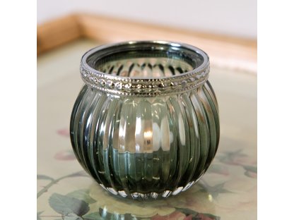 Šedý skleněný svícen na čajovou svíčku se zdobným lemem - Ø6*6 cm 2