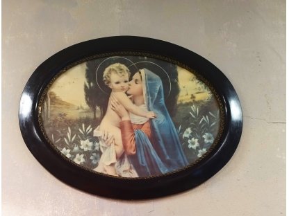 ANCIENT BLACK WOOD FRAME with a holy picture - OVAL - 86 x 68 cm