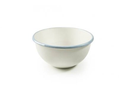 VENKOV - bílá smaltovaná miska s bledě modrým okrajem, 14 cm